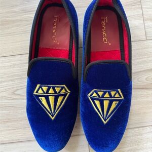 FERUCCI BLUE VELVET GOLD DIAMOND LOAFER SIZE 8 PROM WEDDING SHOES ANY OCCASION